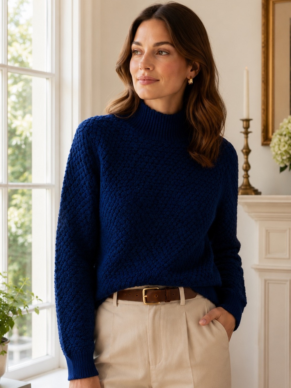 Talbots Petites 100% Merino Wool Hand Knit Royal Blue Mock Neck Sweater